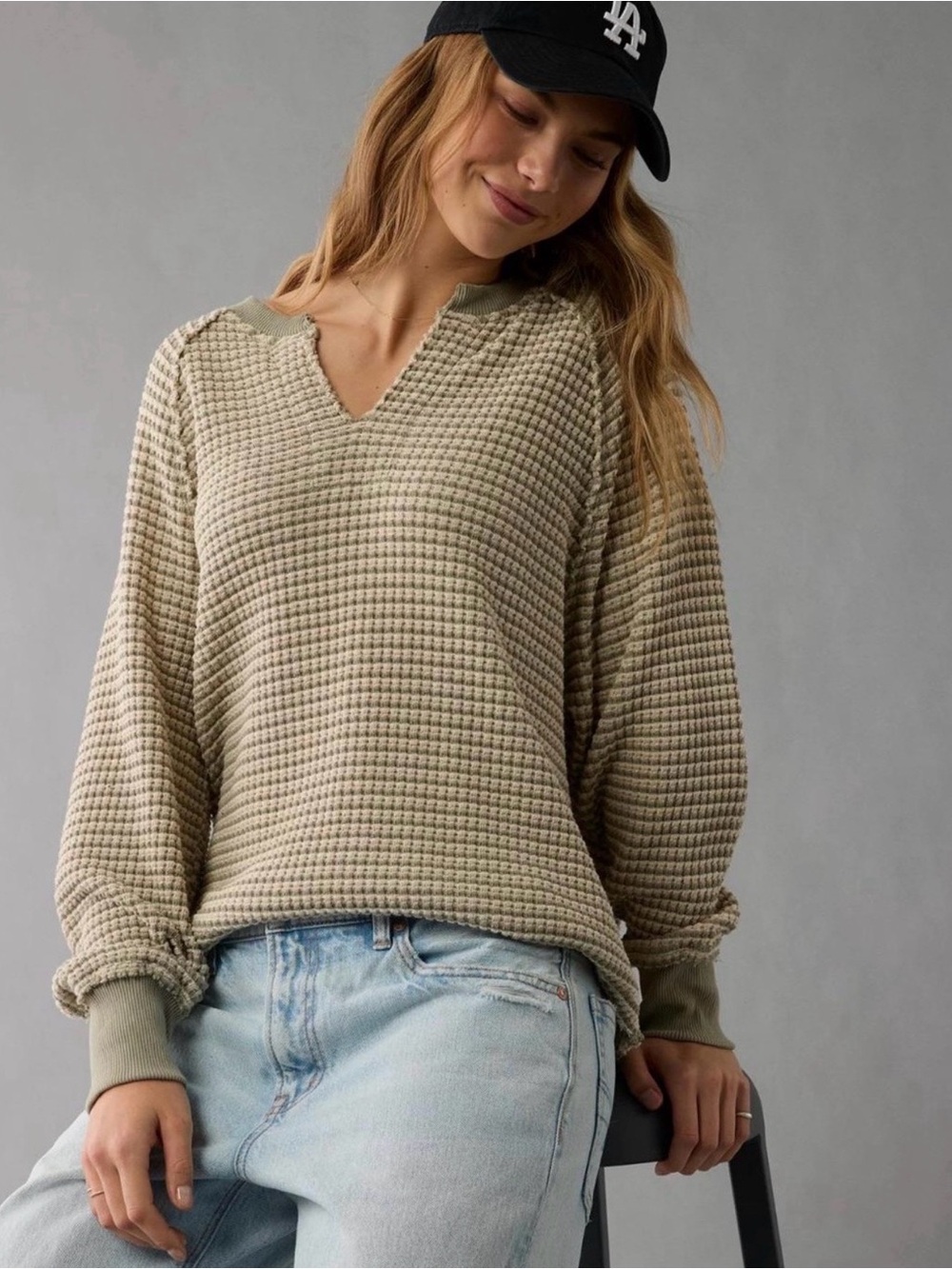 American Eagle Big Hug waffle knit sweatshirt in olive